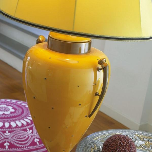 Large yellow majolica table lamp with taffeta shade and brass metal finish