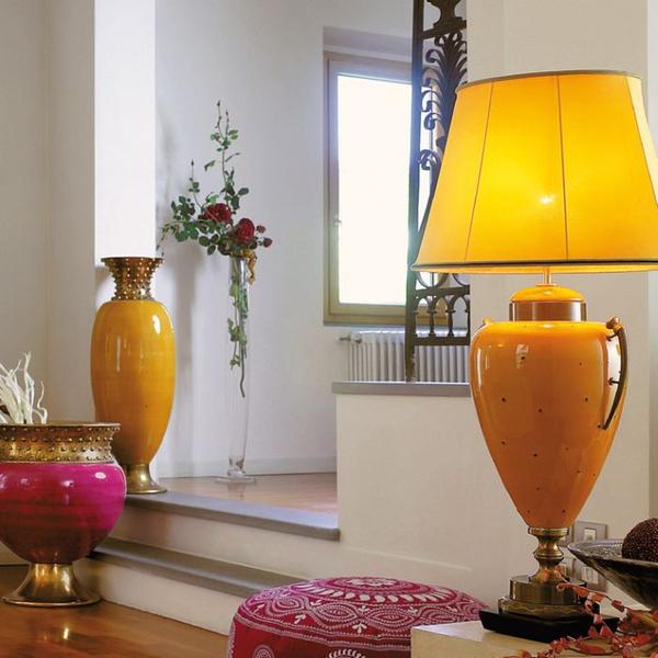 Large yellow majolica table lamp with taffeta shade and brass metal finish