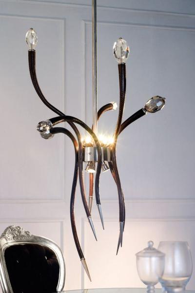 Elegant and unusual Italian pendant light with brown snakeskin-covered arms