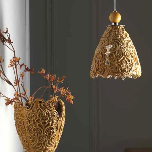 Beautiful Italian ceramic and brass chandelier with lace design