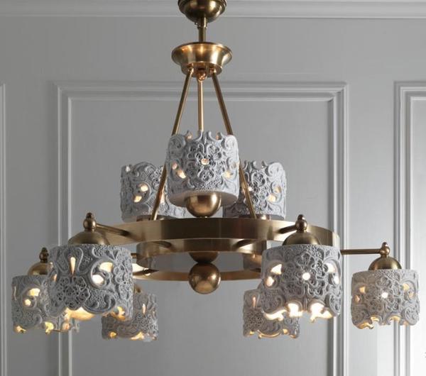 Beautiful Italian ceramic and brass chandelier with lace design
