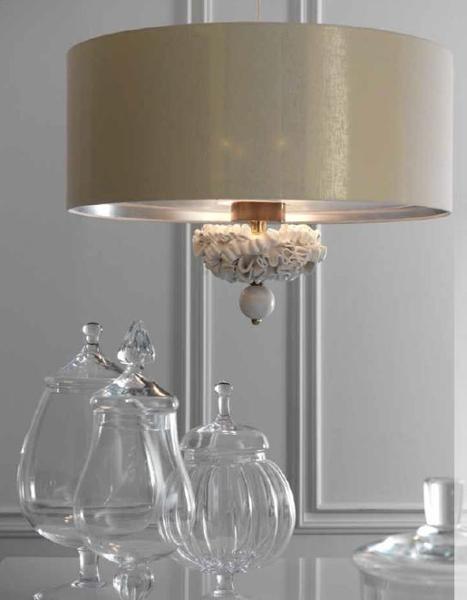 Chic Italian ceiling pendant light with majolica curls & silk linen shade