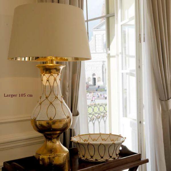 White ceramic hotel-style table lamp with copper detail