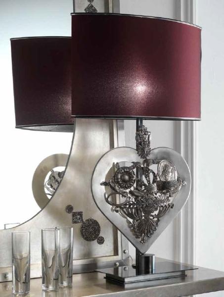 Pretty silver metal table lamp with decorative heart and red shade from Italy