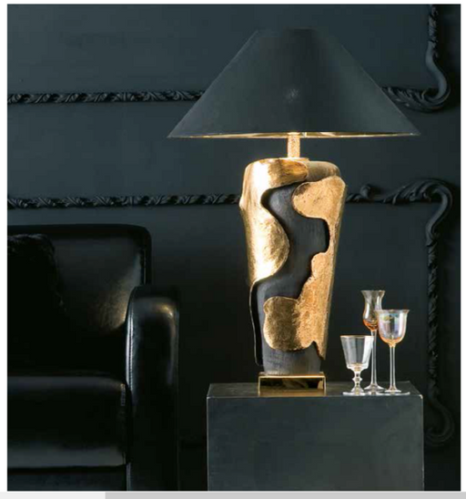 Tall  black ceramic table lamp with gold-plated parts