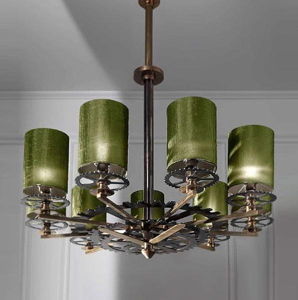 Deluxe modern industrial chic chandelier with green shades & exposed clock workings