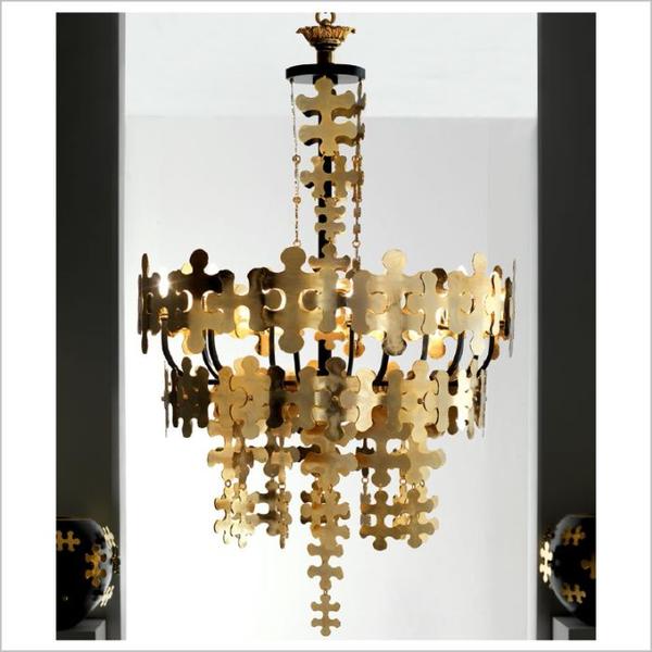 Tall hand-crafted chrome pendant light with jigsaw design from Italy