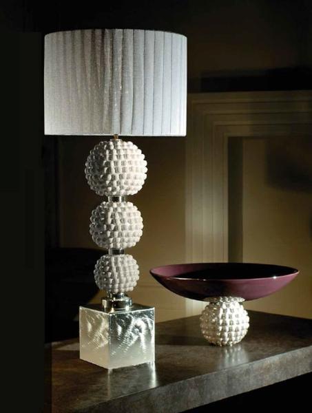 Modern white majolica table light with softly  pleated white shade