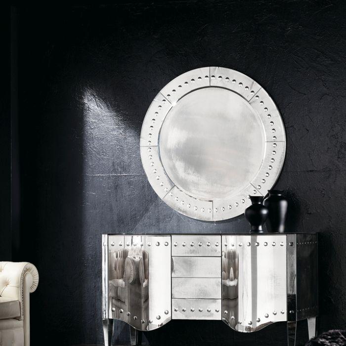 Stunning circular art deco-style Venetian wall mirror with silver frame