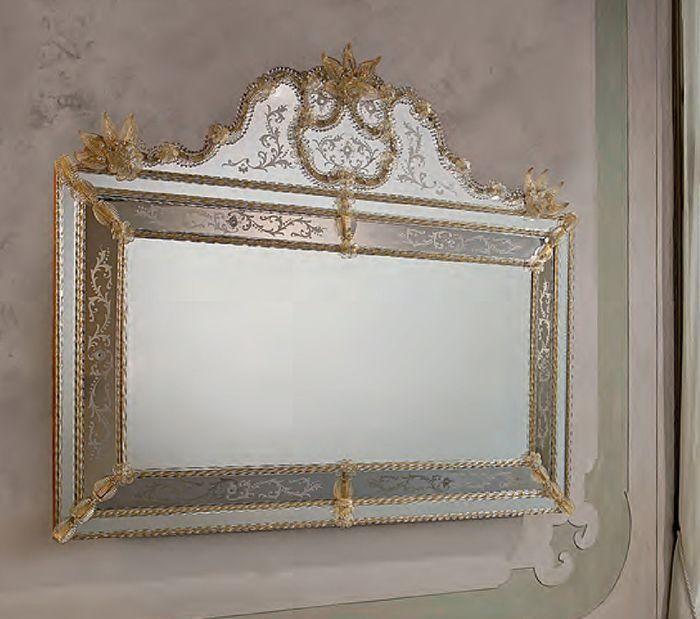 Large horizontal Venetian mirror with Murano glass