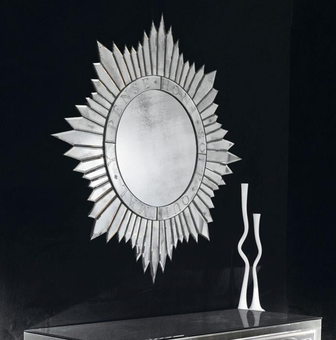 Silvered art-deco-inspired Venetian sun-burst wall mirror