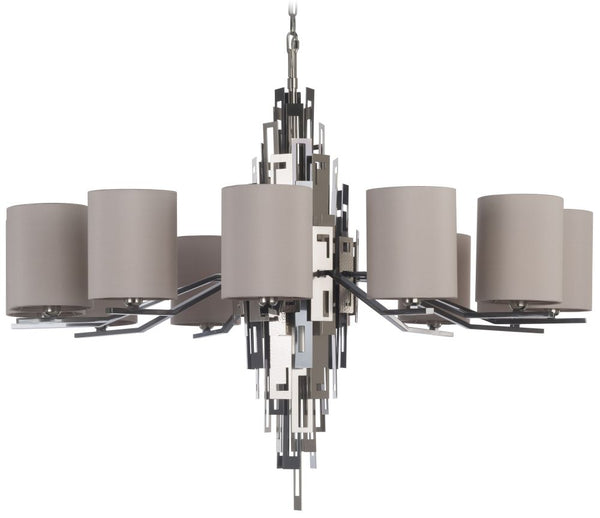 Striking modern silver nickel chandelier with 12 silk shades