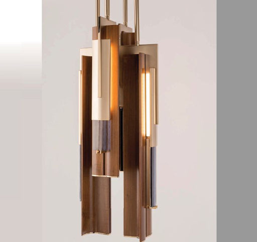 Unusual high-end modern walnut chandelier with gold frame