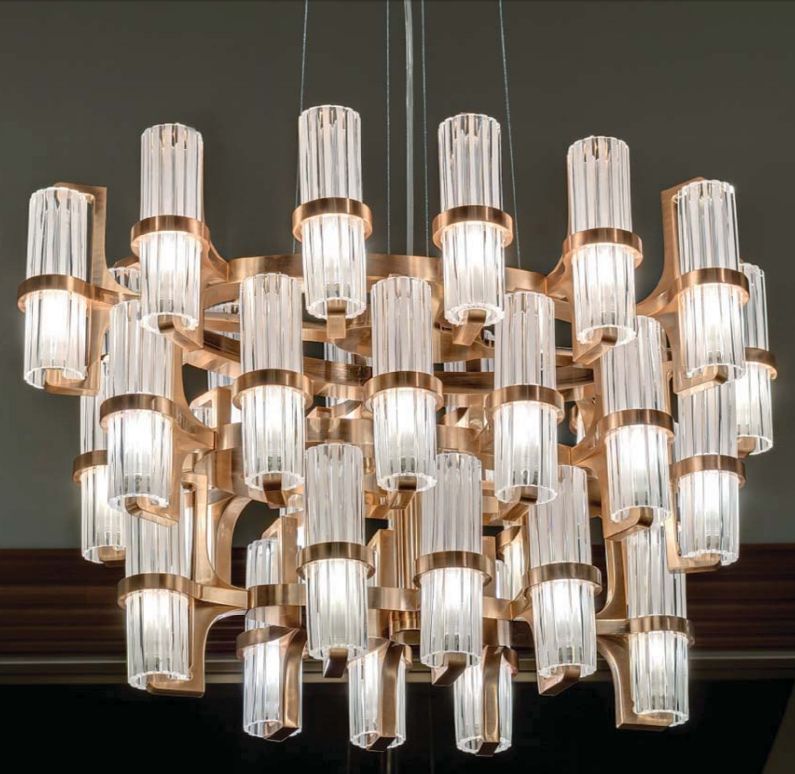 36 light 50s style chandelier with pink gold frame and satin glass diffusers