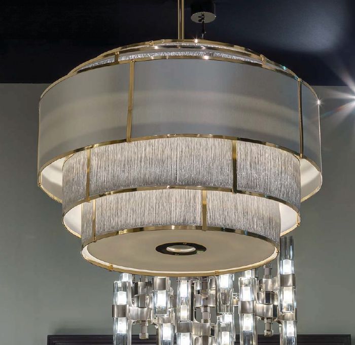 Large modern light round gold chandelier with grey shades