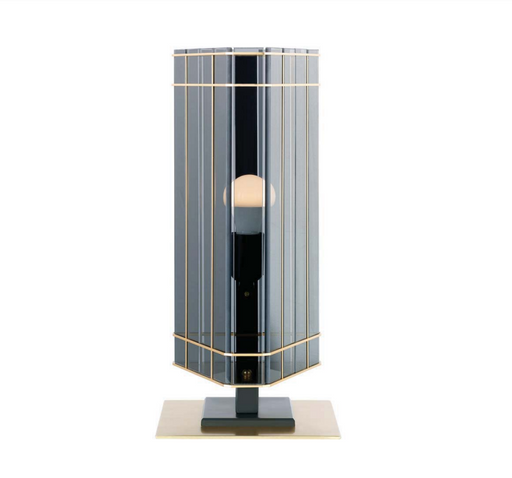 High-end modern Italian table lamp with gold frame and smoked glass shade