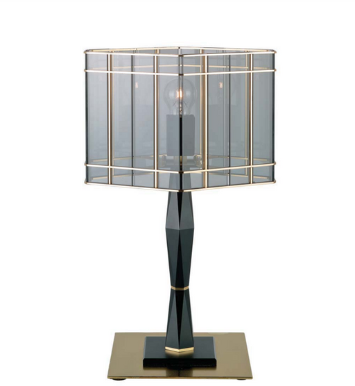 Luxury modern black and satin gold Italian table lamp with  smoked Italian glass diffuser