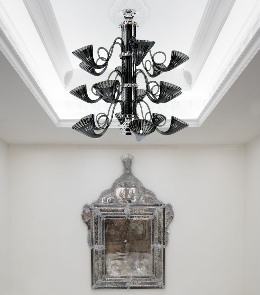 Superb large 3 tier black Murano glass chandelier with chrome frame