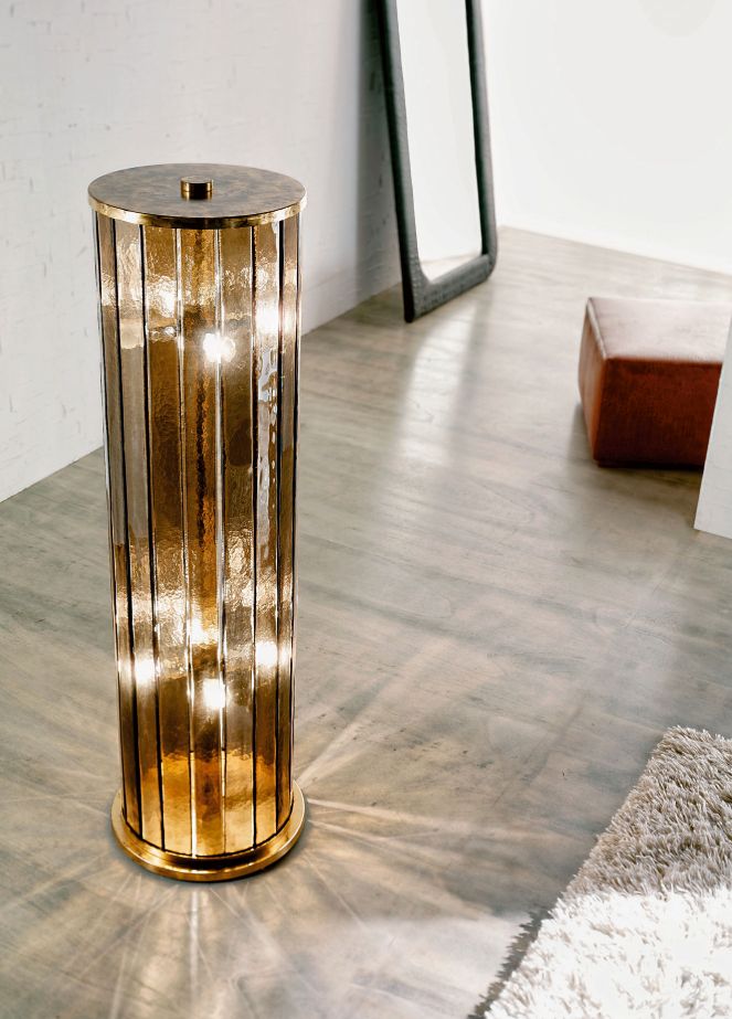 Luxurious Murano glass cylinder floor lamp with brass frame