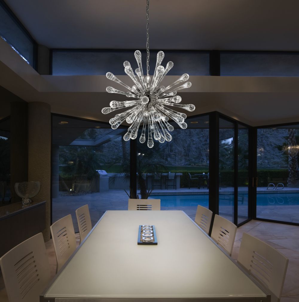 Mid-century satellite-style chandelier in clear Murano glass with custom size options