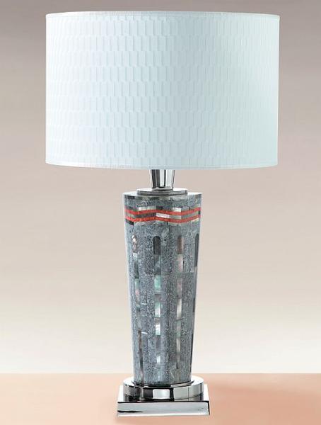 High end art deco style table lamp with grey and coral mosaic and white calfskin shade