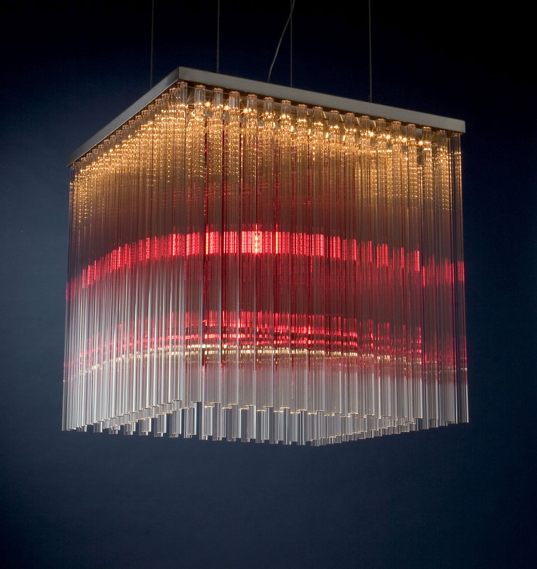 Large modern pendant light with glass rods in custom colors