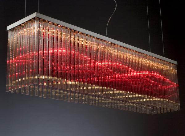 Long modern ceiling pendant light with custom glass rod colors