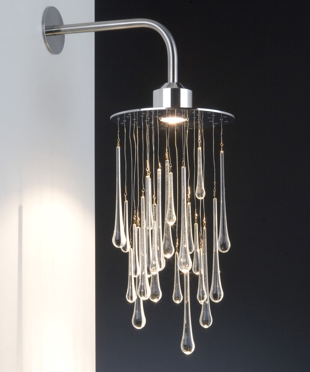 Elegant modern steel wall light with beautiful teardrop glass pendants
