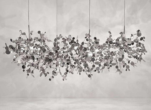Long modern 125 cm metal dining room chandelier   with tiny reflective discs