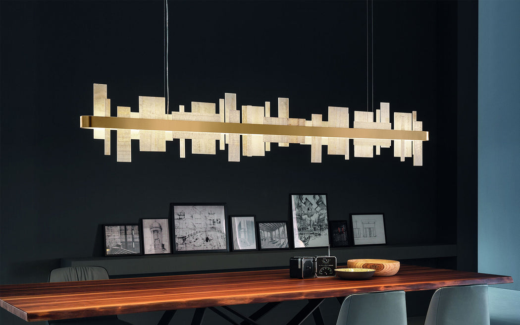 Fabulous Italian dining table chandelier with beautiful onyx strips and gold frame