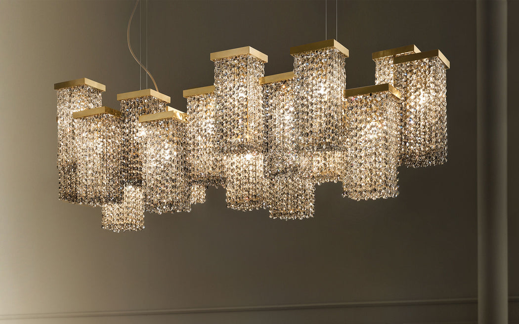 Large modern chandelier with smokey crystals