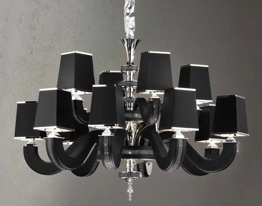 Modern 12 light Italian chandelier with black, red, white, or tobacco  faux leather shades