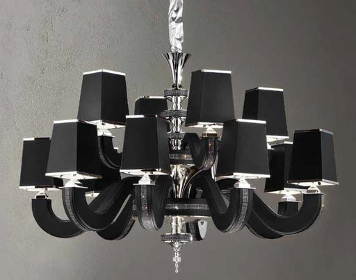 Modern 12 light Italian chandelier with black, red, white, or tobacco  faux leather shades