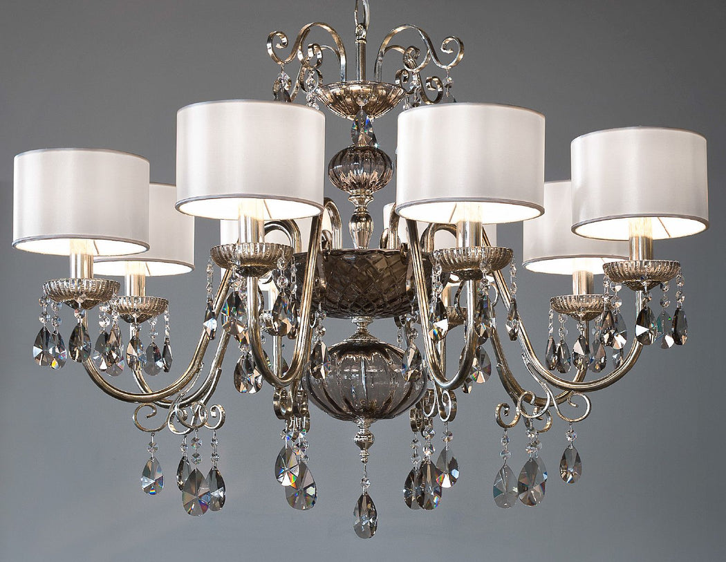 Ornate silver or gold Italian chandelier with hand-blown glass decoration and 8 shades