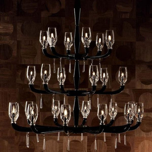 mid-century-style black and clear Murano glass wine glass chandelier