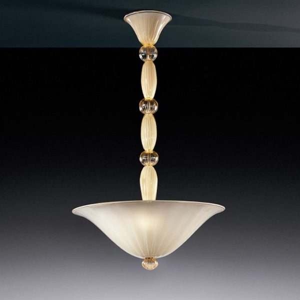 A sophisticated ceiling pendant light fixture made of ivory Murano glass with a clear glass top and opaque ivory glass shaft, complemented by clear glass accents and gold-colored spherical embellishments.