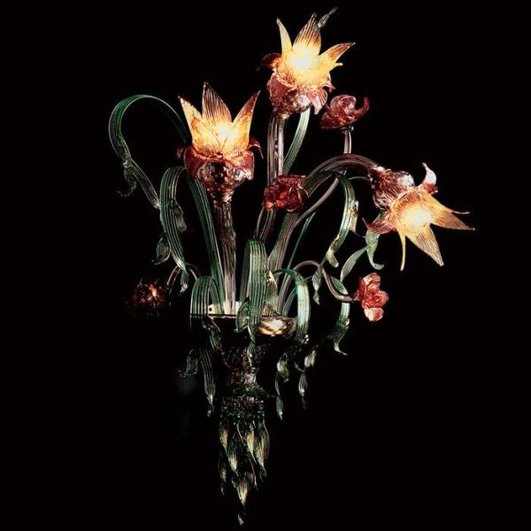 Murano glass wall light with amethyst & ruby flowers, and green & gold accents