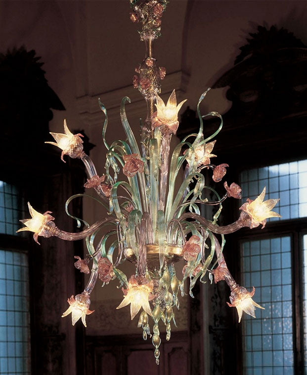 Amethyst, green, gold and ruby Venetian glass flower chandelier with 9 lights