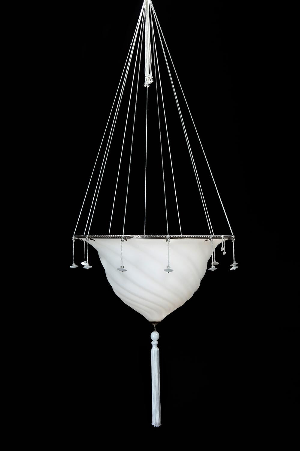 White Murano glass ceiling pendant in the Fortuny style with beads & tassels