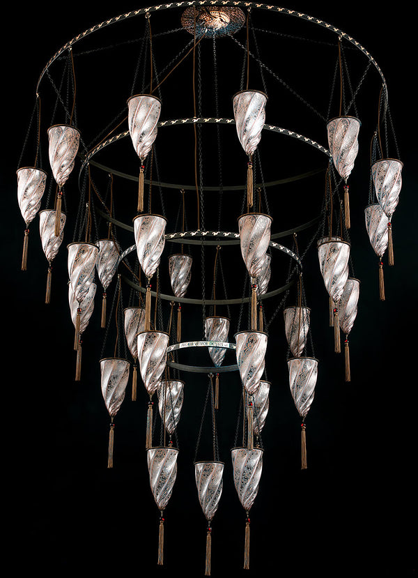 Huge Fortuny style Murano glass foyer chandelier with 30 lights