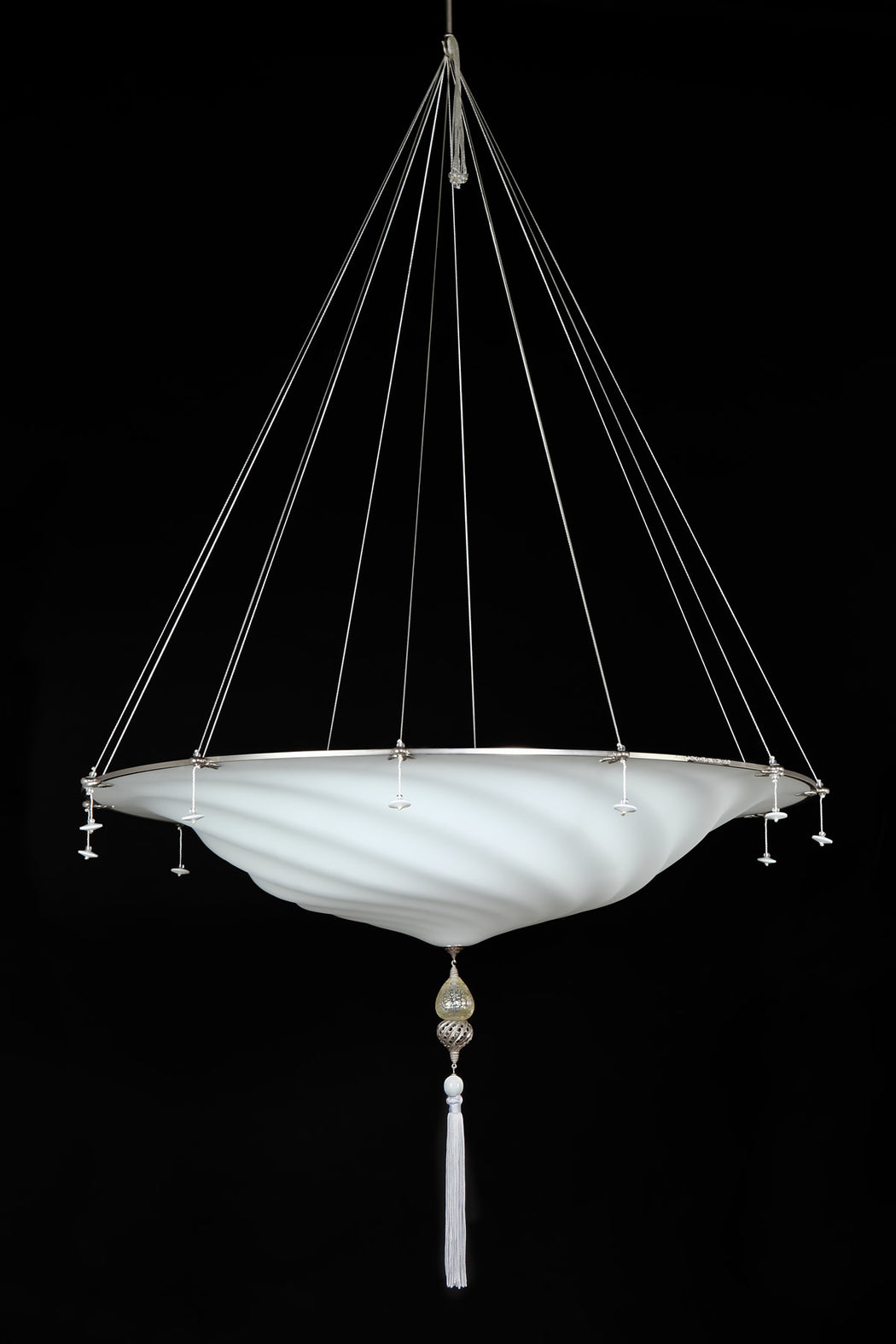 White Murano glass Fortuny style pendant light with silk tassels