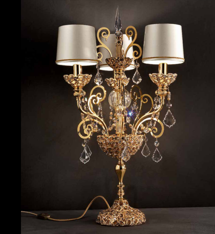Ornate classic silver or gold-plated Italian table lamp with Swarovski pendants