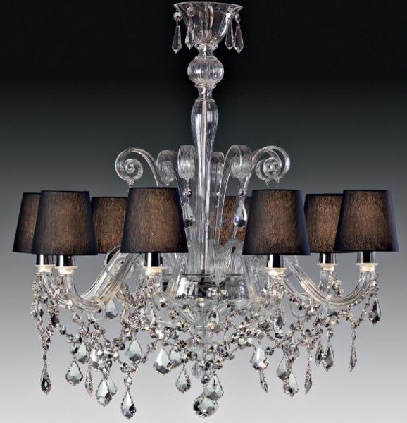 Clear, red or black Murano glass chandelier with shades and crystal pendants