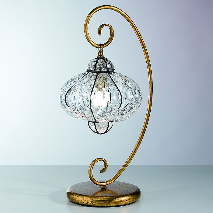 Venetian cristallo glass table lamp with golden frame