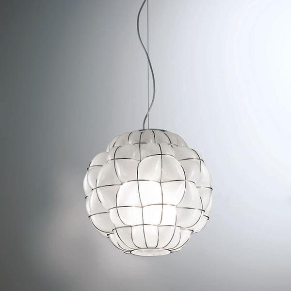 White or clear handblown Murano glass ceiling pendant with wire frame