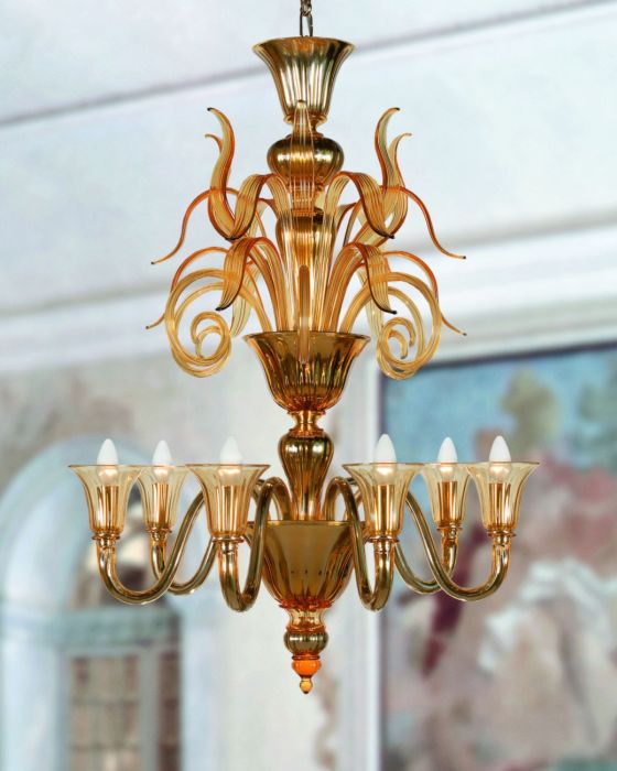 Flamboyant mirrored amber  Murano glass chandelier in the art deco style