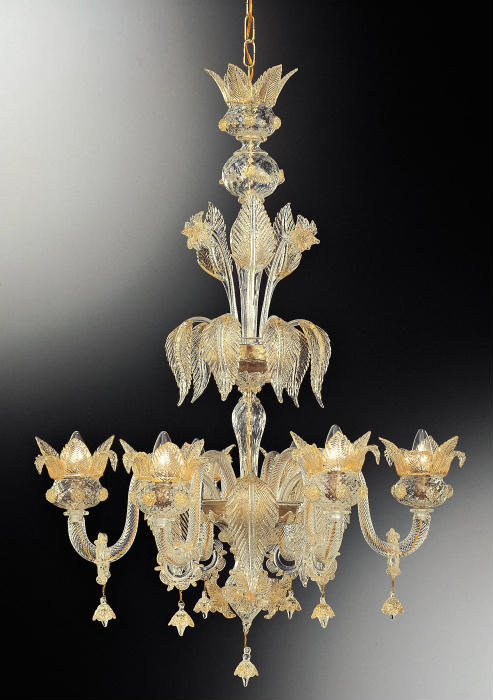 Hand-blown Murano glass stairwell chandelier with 6 lights and 24 carat gold detail