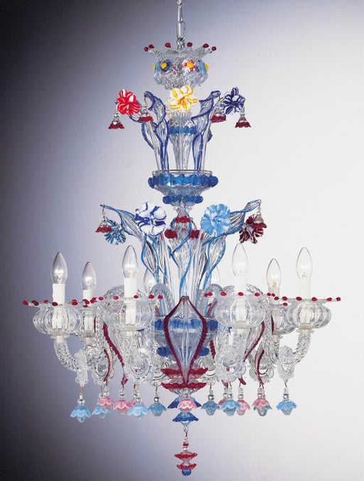 Exuberant and colorful Murano glass chandelier with hand-crafted flowers