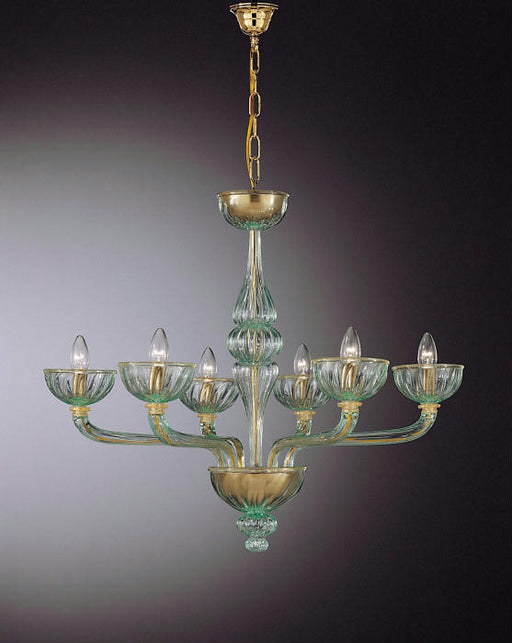 Clear Venetian 6 light chandelier with green accents. Custom options available.
