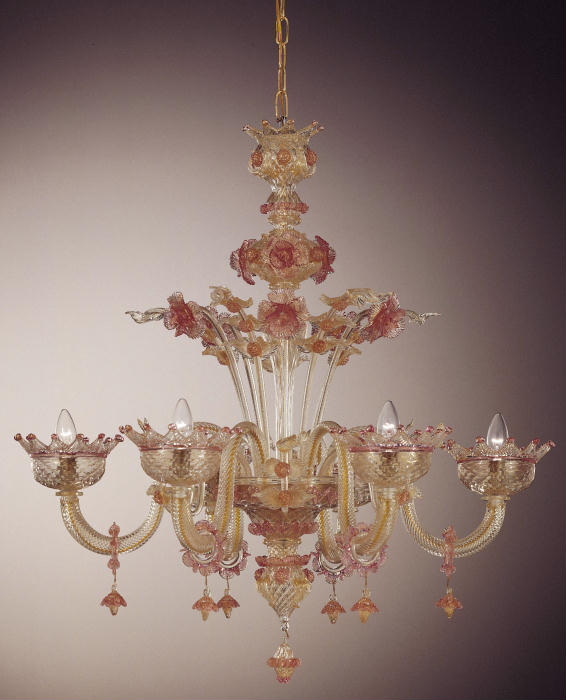 wonderful 6 light Murano chandelier with exquisite pink and gold floral decorations
